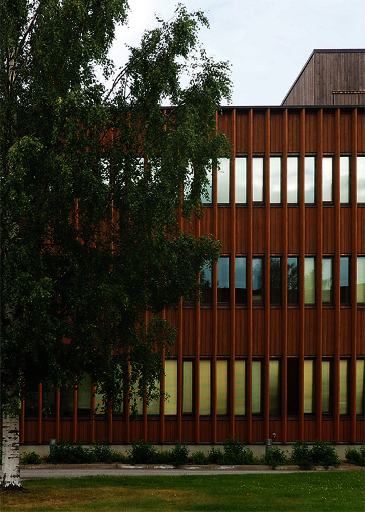 Metla-Haus Fassade aus holz mit länglichen Fenstern und einem Baum im Vordergrund