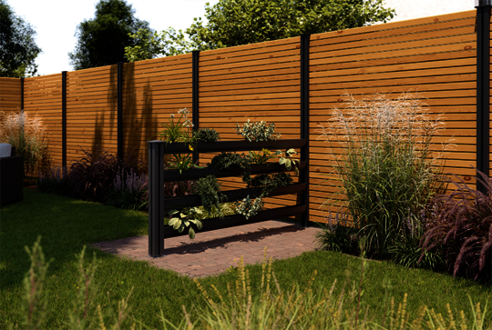 Privacy screen Osmo Green-Fence in anthracite grey is installed in a garden fenced in with Osmo Alu-Fence Rhombus in Larch