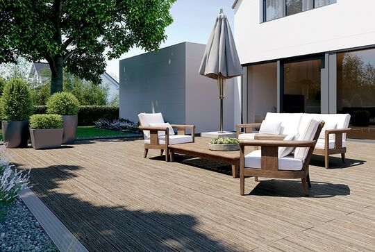 Garden deck with Osmo Multi-Deck co-extrusion profiles in Vintage Sand
