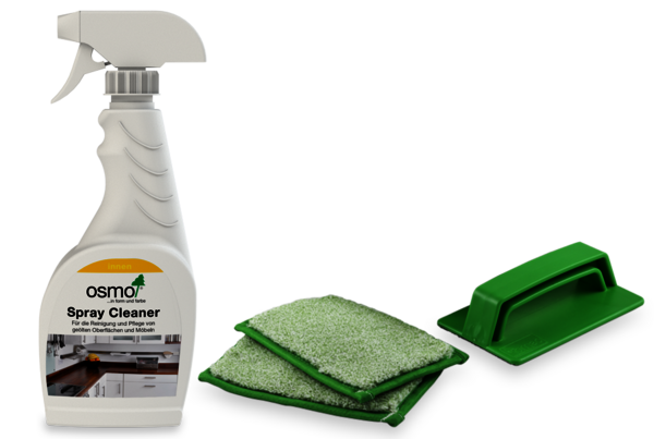 Osmo Spray Cleaner and Hand Padhalter for cleaning food-safe wood surfaces.