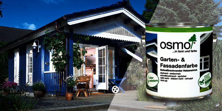 Sommerhaus mit Osmo Garten- & Fassadenfarbe 7519 Capriblau gestrichen