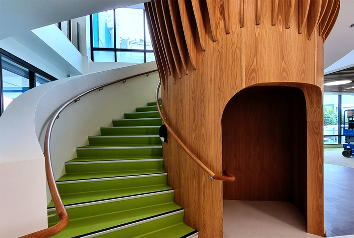 The oak tree staircase treated with Osmo on the ground floor in Wellington Children’s Hospital