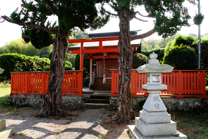 The entrance to the temple complex is marked by trees and stone lanterns. 
