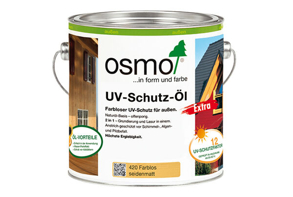 Passender Schutz vor Sonne und Pilzbefall – Osmo UV-Schutz-Öl Extra 420 farblos schützt das Holz vor dem Vergrauen und vor Schimmel-, Pilz- und Algenbefall langfristig mit bioziden Wirkstoffen. Schutz vor Sonnenstrahlung und Verfärbungen. Osmo Pflegetipps