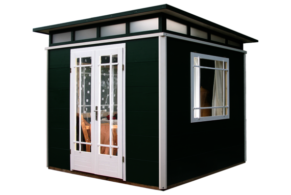 Forest green summerhouse treated with Osmo Landhausfarbe 2404 Tannengrün