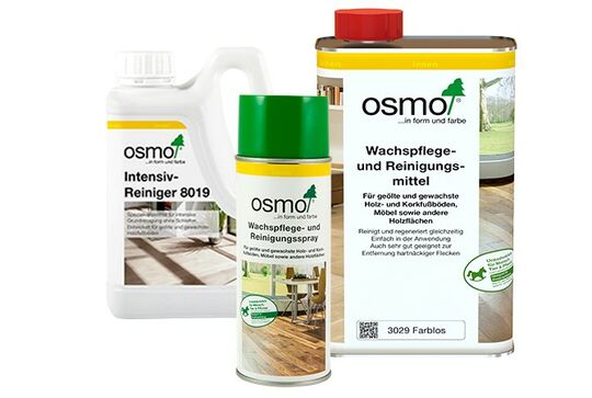 Osmo Flecken-Entferner-Set entfernt schmierige Flecken wie Fett, Sonnencreme oder Schuhcreme auf Holzfußböden. Mit Wachspflege- und Reinigungsmittel und Osmo Intensiv-Reiniger für eine porentiefe Reinigung.