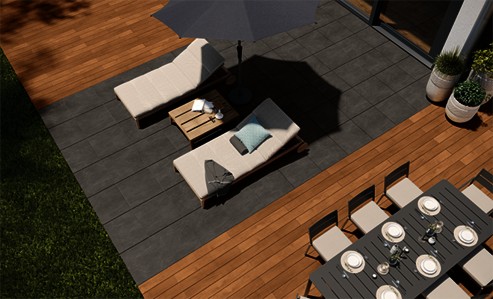 Kombinieren Sie Osmo CEWO-Deck Keramikplatten Ätna Graphit mit warmen Terrassendielen in Garapa