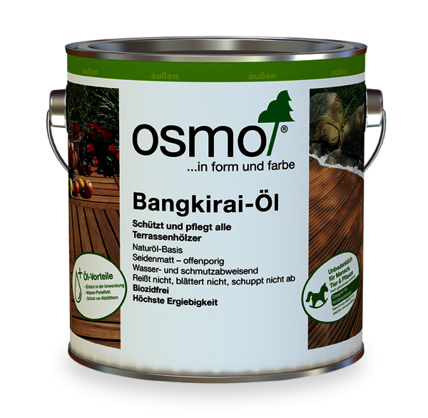 Osmo Terrassen-Öl 006 Bangkirai-Öl pflegt Ihre Gartenmöbel in einem warmen Rot.