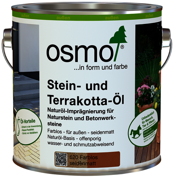 Osmo Stein- und Terrakotta-Öl imprägniert Pflanzengefäße und Gehwegplatten aus Naturstein und Terrakotta