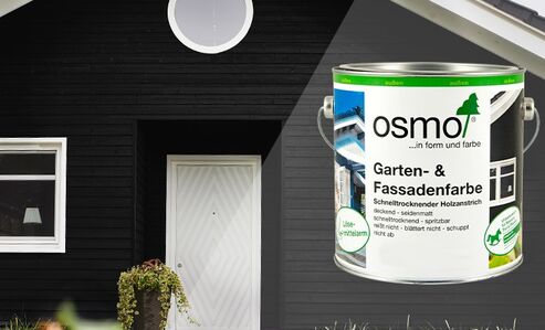 Osmo Garten- und Fassadenfarbe eignet sich für Spielgeräte und Gartenholz, wie Fassaden und Sichtblenden, ist lösemittelarm und frei von bioziden Wirkstoffen