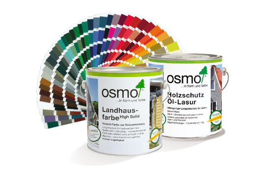 Osmo Nachbehandlung für Oberflächen – Osmo Farbe und Anstriche sind individuell mischbar – Osmo Farbdosen mit RAL-Fächer – industrielle Holzbeschichtungen