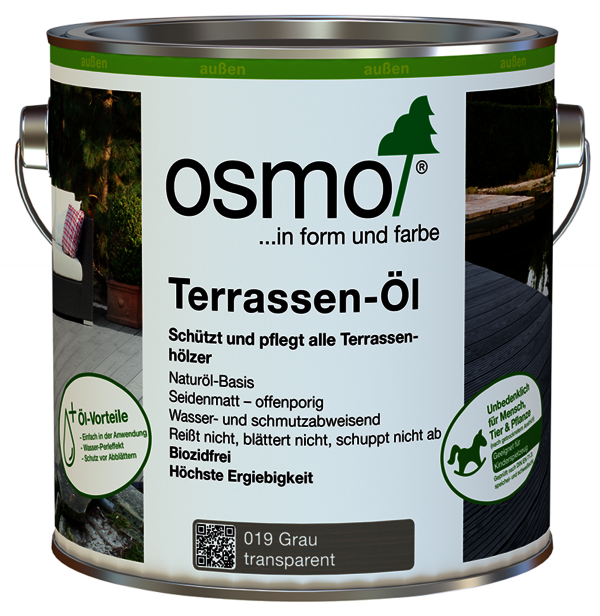 Osmo Terrassendiele Douglasie pflegen mit Osmo Terrassen-Öl in grau transparent