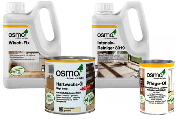Osmo care products Wisch-Fix, Hartwachs-Öl, Intensiv-Reiniger and Pflege-Öl for your floor