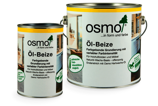 Osmo Öl-Beize in zwei Größen für Ihren Massivholzboden im Wohnzimmer. Leicht zu verarbeiten und individuell einfärben für ein neues Aussehen.