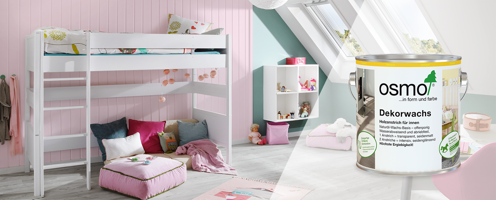 Buntes und farbenfrohes Kinderzimmer mit rosa Profilholz, behandelt mit Osmo Dekorwachs