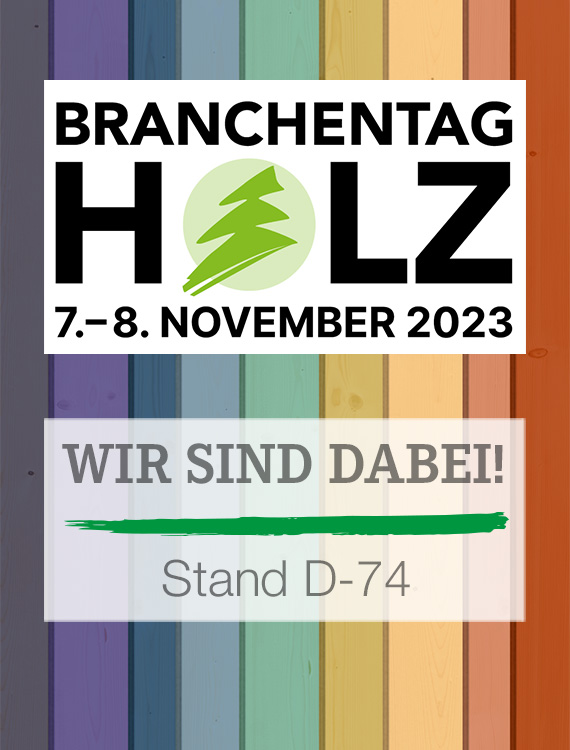 Logo Branchentag Holz 2023 auf regenbogenfarbigen Osmo Fassadenprofilen