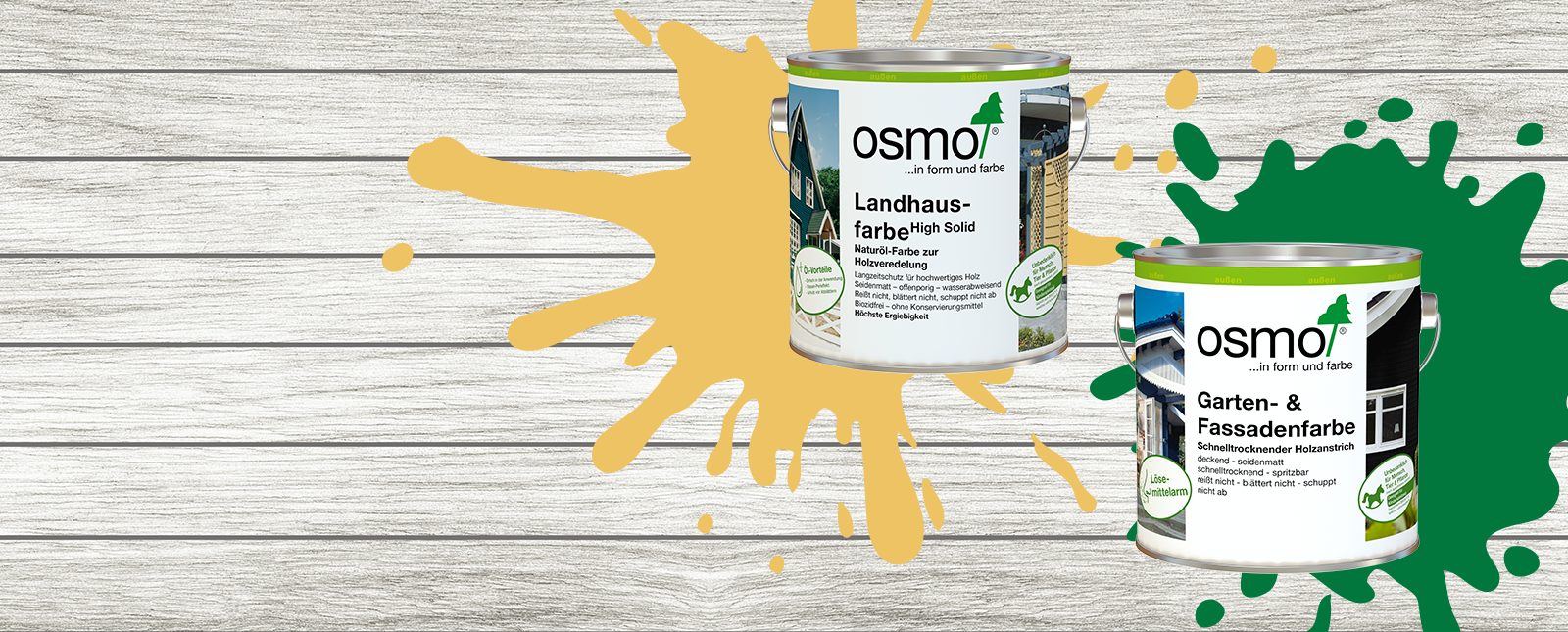 Produktvergleich Osmo Landhausfarbe und Garten- & Fassadenfarbe - 2205 Sonnengelb und 7629 Minzgrün