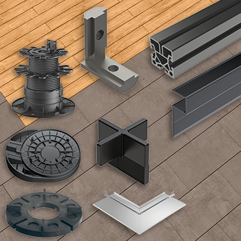 Plattenlager, Unterkonstruktion, Stelzfüße und Abschlussprofile für CEWO-Deck keramische Terrassenplatte