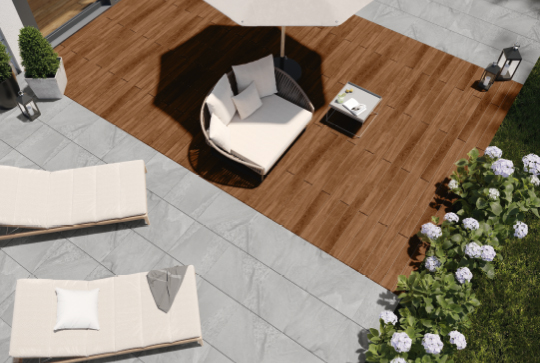 Osmo CEWO-Deck Säntis grey paving slabs combined with Osmo Ipe decking
