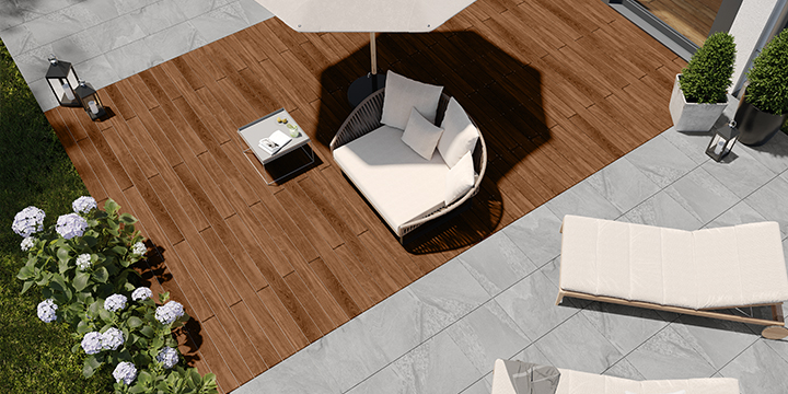 Osmo CEWO-Deck – toller Kontrast von Säntis Grau Terrassenplatten und Ipe Terrassenholz
