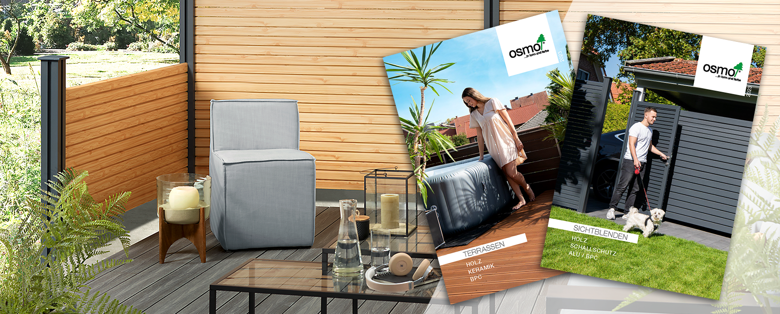 Neue Terrasse- und Sichtblendenkataloge von Osmo - Alu-Fence Juel in Aluminium Lärche mit Aluminiumpfosten in Anthrazit