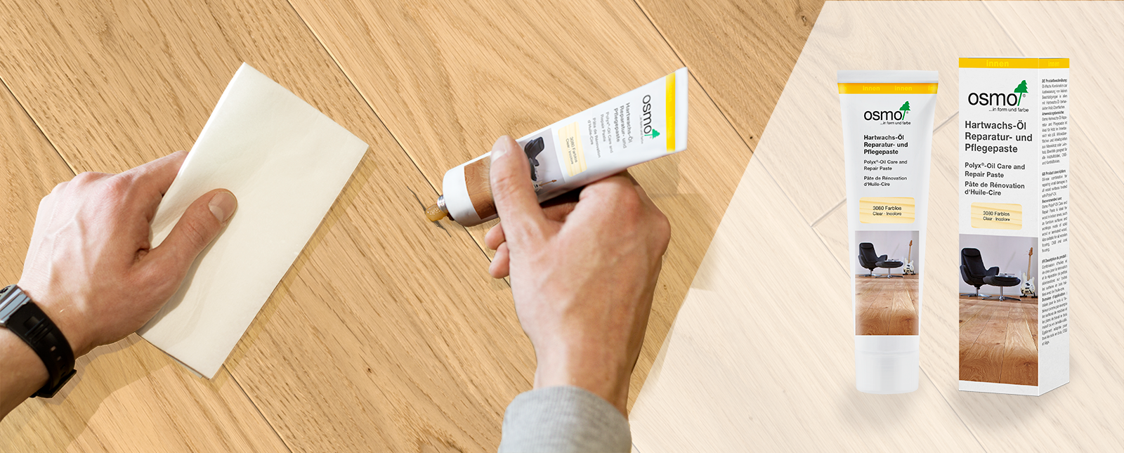 Osmo Hartwachs-Öl Reparatur- und Pflegepaste gegen Kratzer und Fugen im Holzfußboden. Einfach und schnell auffüllen und verschwinden lassen.